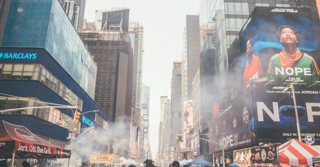 Crowds explore Times Square in New York City surrounded by skyscrapers, signs, and street vendors.