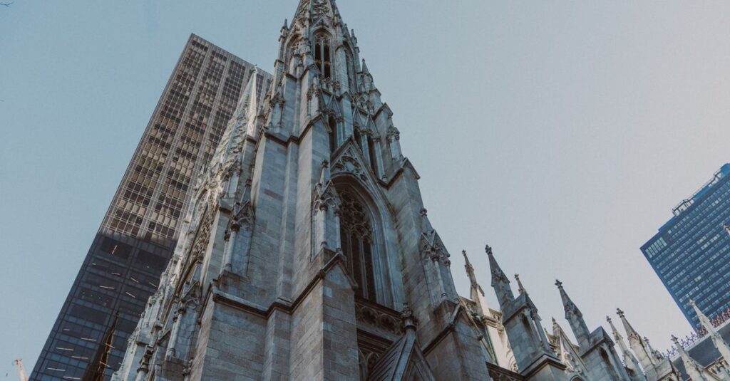 St. Patrick's Cathedral and nearby skyscrapers, showcasing Gothic architecture in New York City.