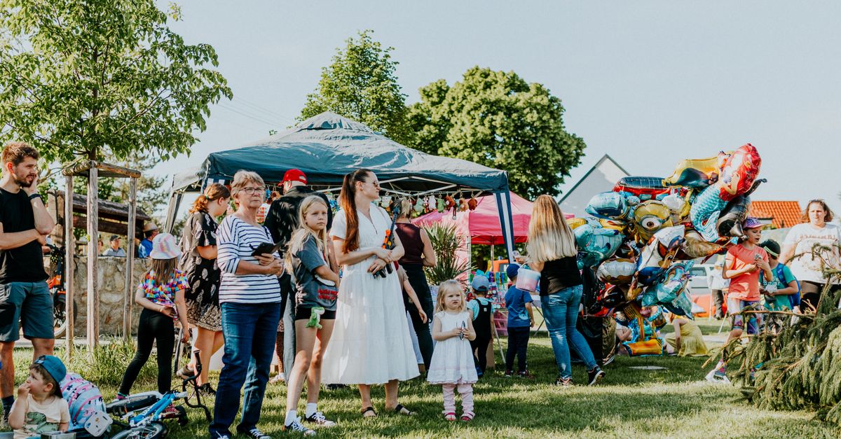 A lively outdoor gathering with families enjoying balloons and a sunny day.