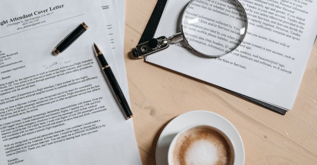 A top view of coffee and job application documents with a magnifying glass on a wooden desk.