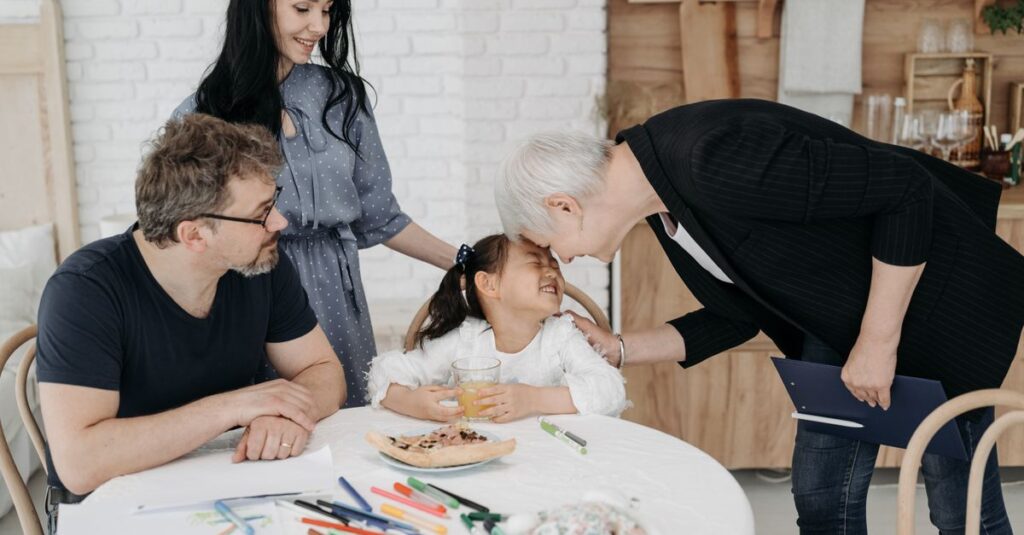 A happy family with a social worker in a warm indoor setting, discussing child welfare.